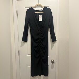 Zara Black Ruched Long Sleeve Dress